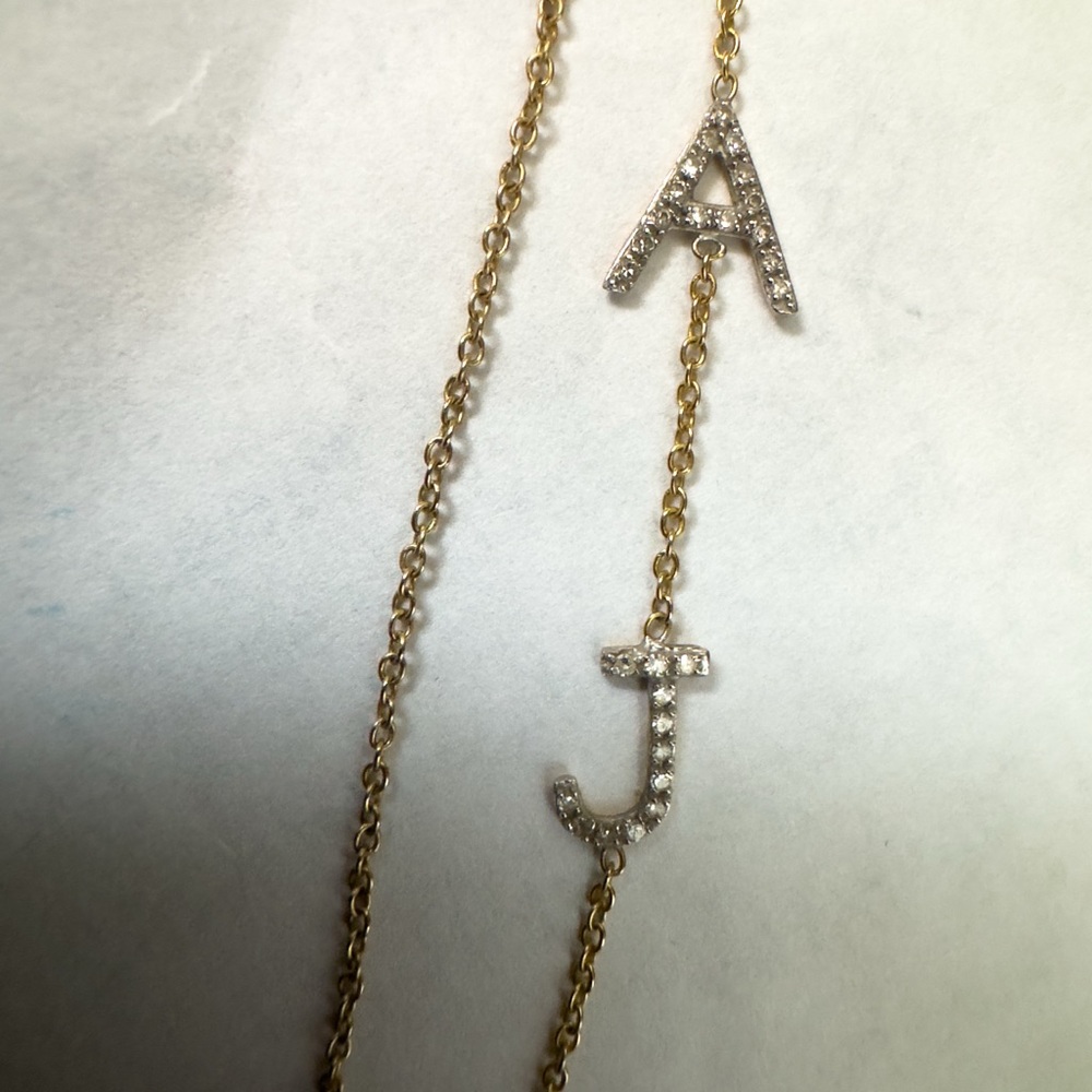 Zoe Lev 14k gold Pavé diamond double initial A J 16 inch necklace.